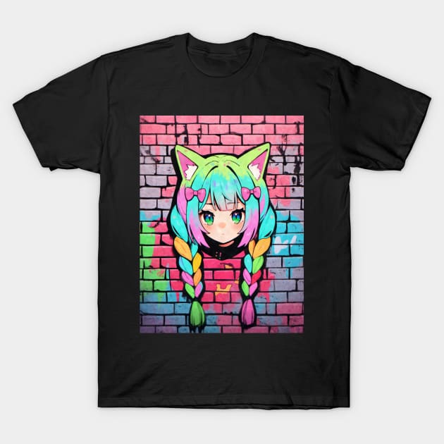 Kawaii Aesthetic Colorful Nekomimi Anime Cat Girl Graffiti Art Style T-Shirt by TenchiMasaki